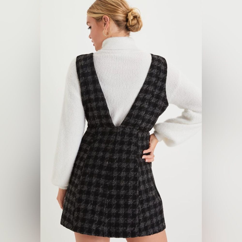 Lulu's Sz Medium Proper Cutie Black Plaid Tweed Preppy Jumper Pinafore Dress - Picture 4 of 6